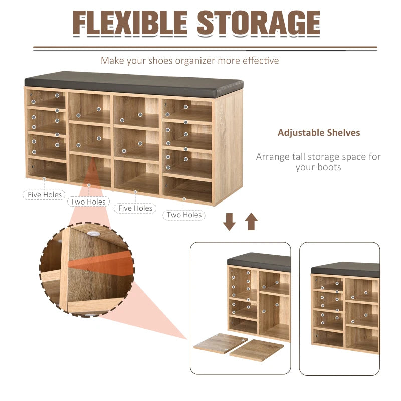 Brown Shoe Rack with Seat, 14 Compartments, Solid Frame, Foot Pads