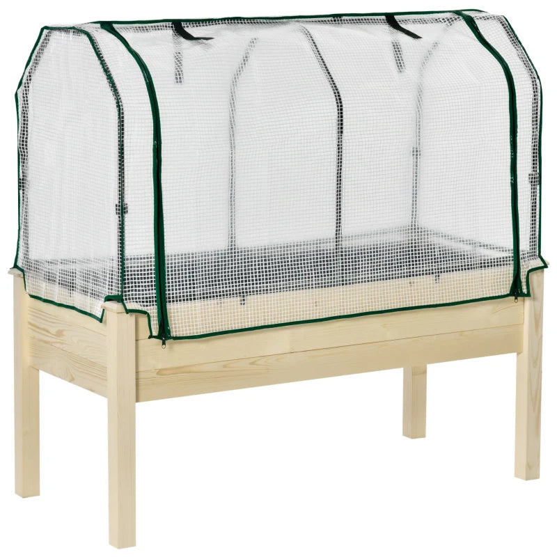 Outdoor Raised Garden Bed with PE Cover, Elevated Wooden Planter Box, Natural Finish