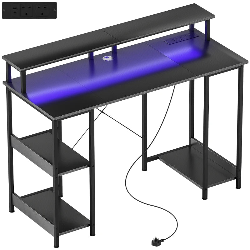 Modern LED Desk – Carbon Fibre Grey with Shelves & Outlets
