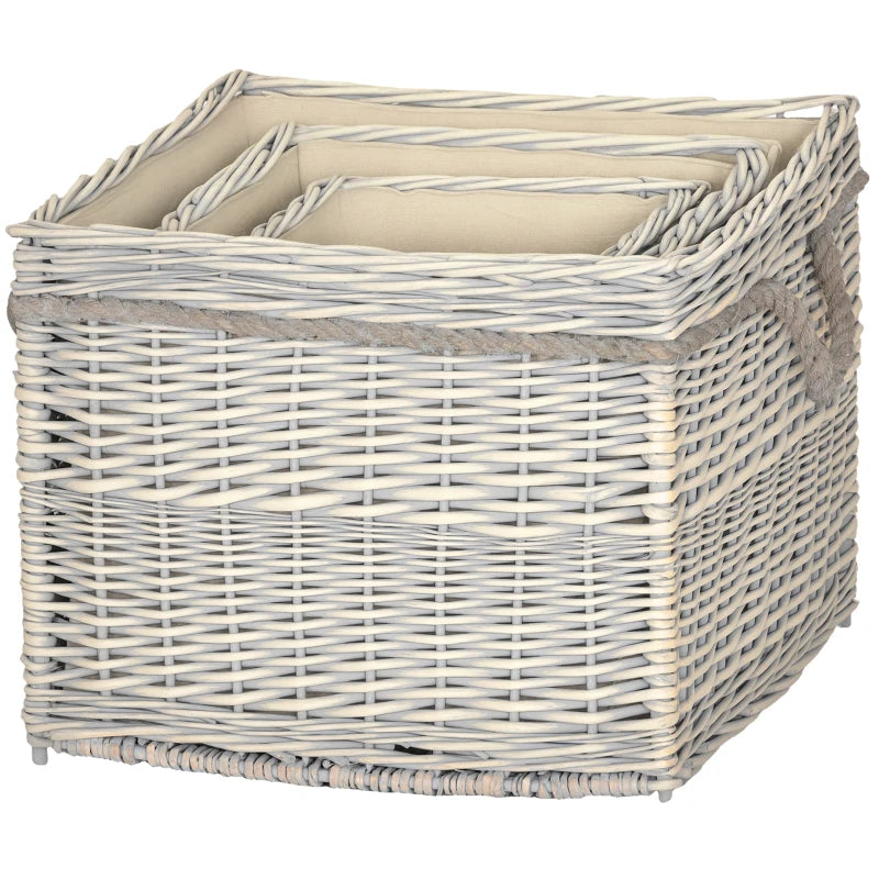 Beige Set of 3 Round Log Baskets with Lining and Rope Handles for Wood or Blanket Storage