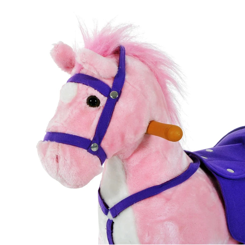 Pink Plush Rocking Horse Ride-On Toy with Wheels and Sound for Kids Ages 2 and Up