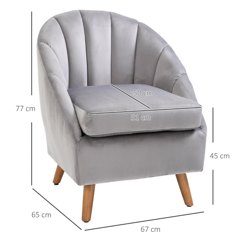 Upholstered Velvet Armchair with Side Arms – Grey, Solid Wood Legs