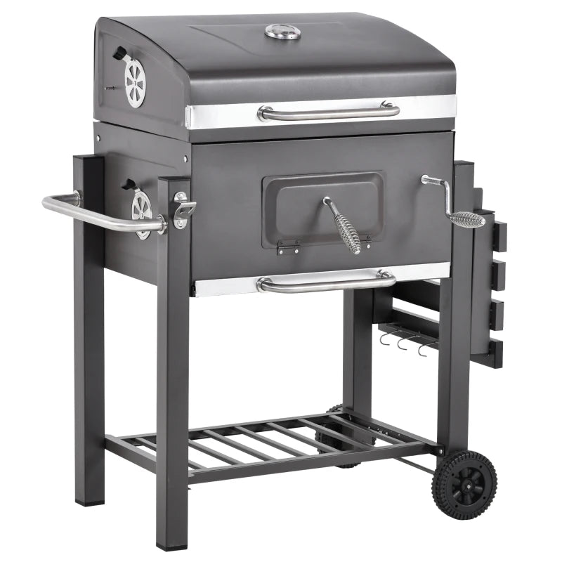 Charcoal Grill BBQ Trolley with Adjustable Grate, Side Table, Wheels & Built-in Thermometer