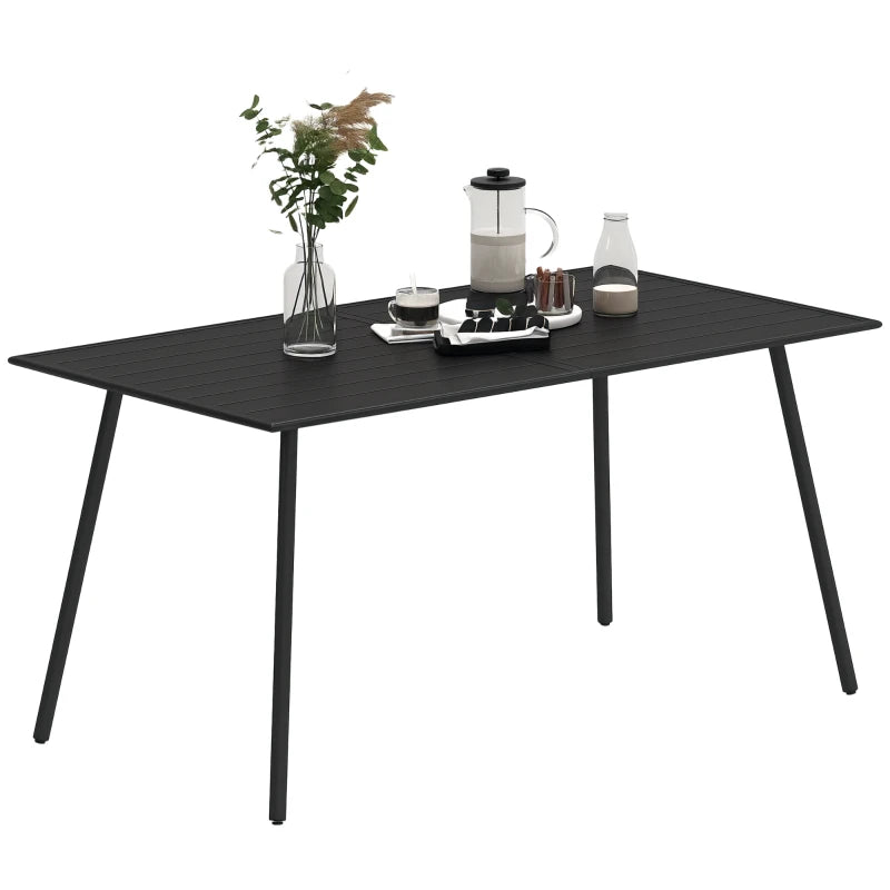 Outdoor Rectangle Garden Table with Steel Frame & Slat Top, Seats 6, Black 150x80 cm