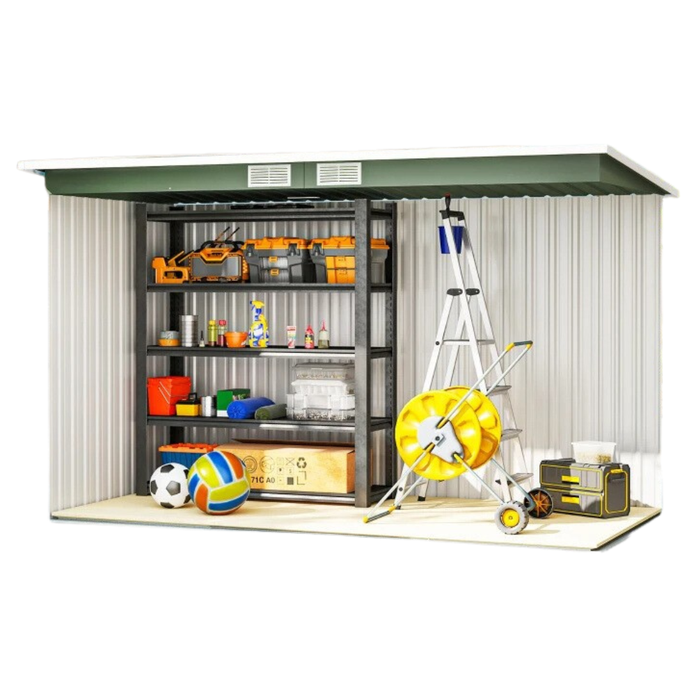Compact 9x4ft Metal Garden Shed with Ventilation, Foundation Kit & Double Doors, Green
