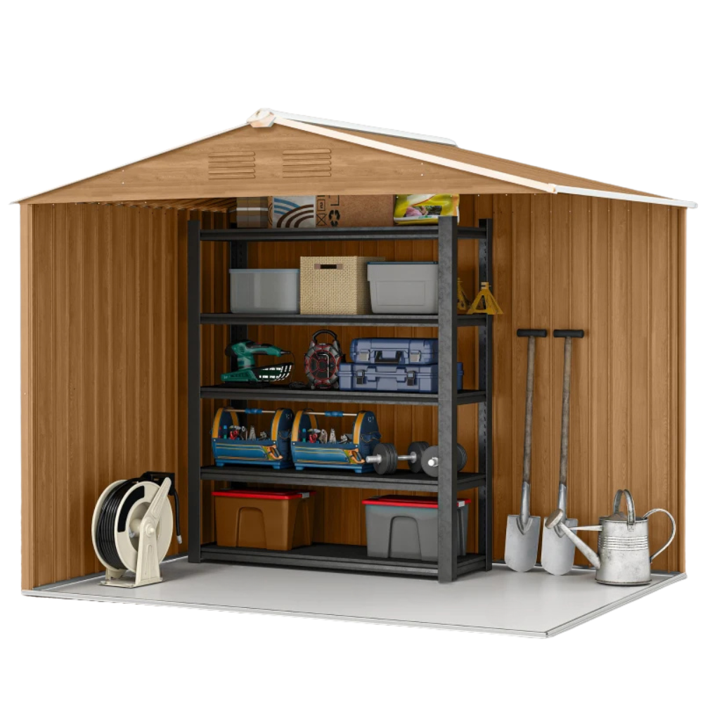 Galvanized Steel 8x6 Metal Storage Shed with Sloped Roof & Double Doors, Brown Finish