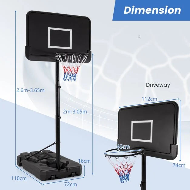 Portable Basketball Hoop 2.6–3.65m Adjustable with Shatterproof Backboard