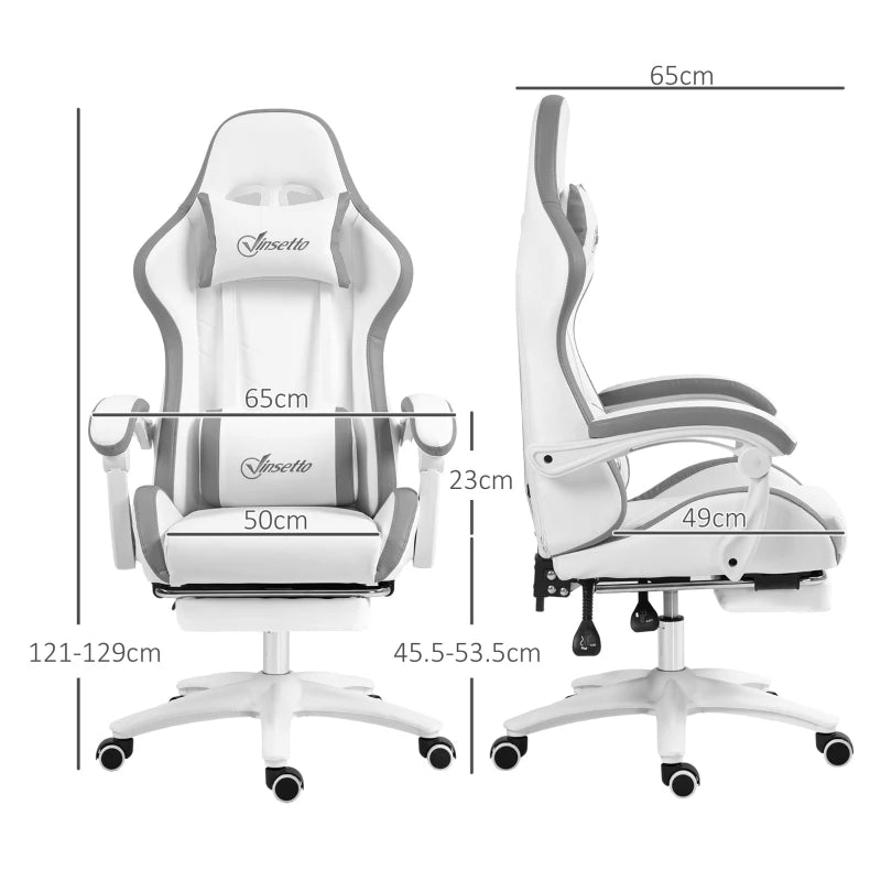 Reclining Gaming Chair with Footrest & Lumbar Support – White/Grey
