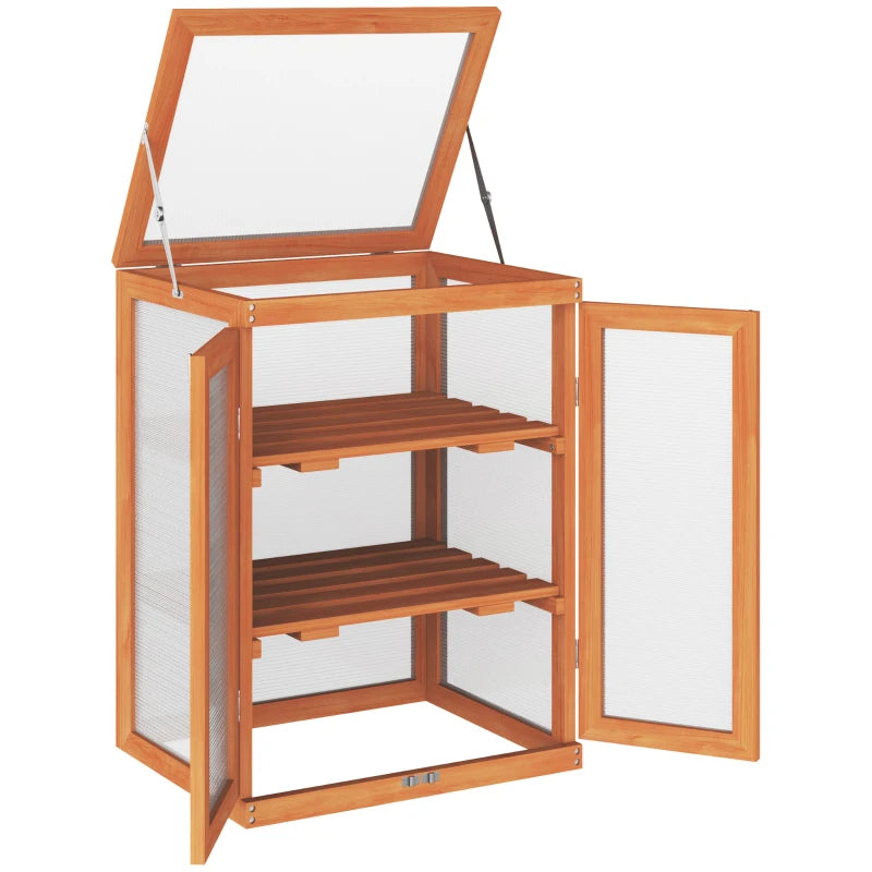 Wooden 3-Tier Cold Frame Greenhouse with Shelves, Polycarbonate Panels, Orange For Balcony