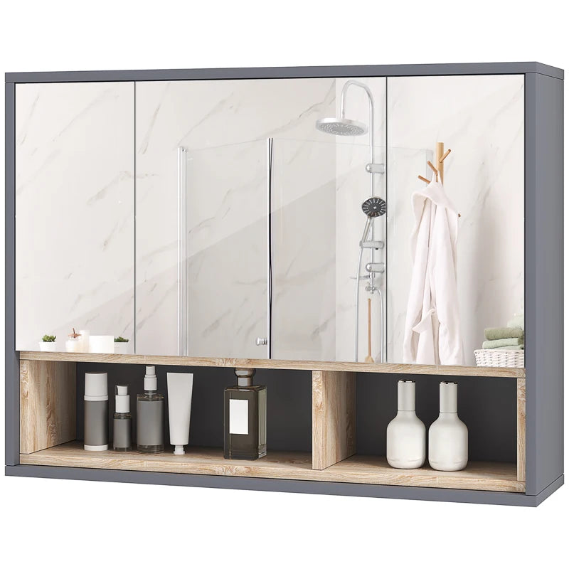 3-Door Wall Mirror Cabinet for Bathroom, Grey with Storage Cupboards