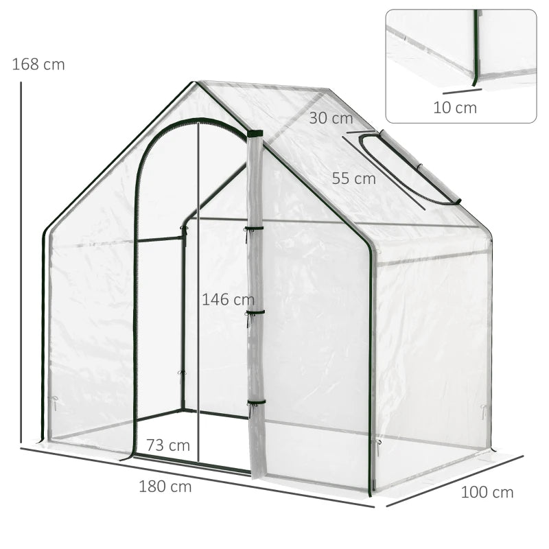 Walk-In Garden Greenhouse with Clear PVC Cover, Steel Frame, Door & Window, 180x100x168cm