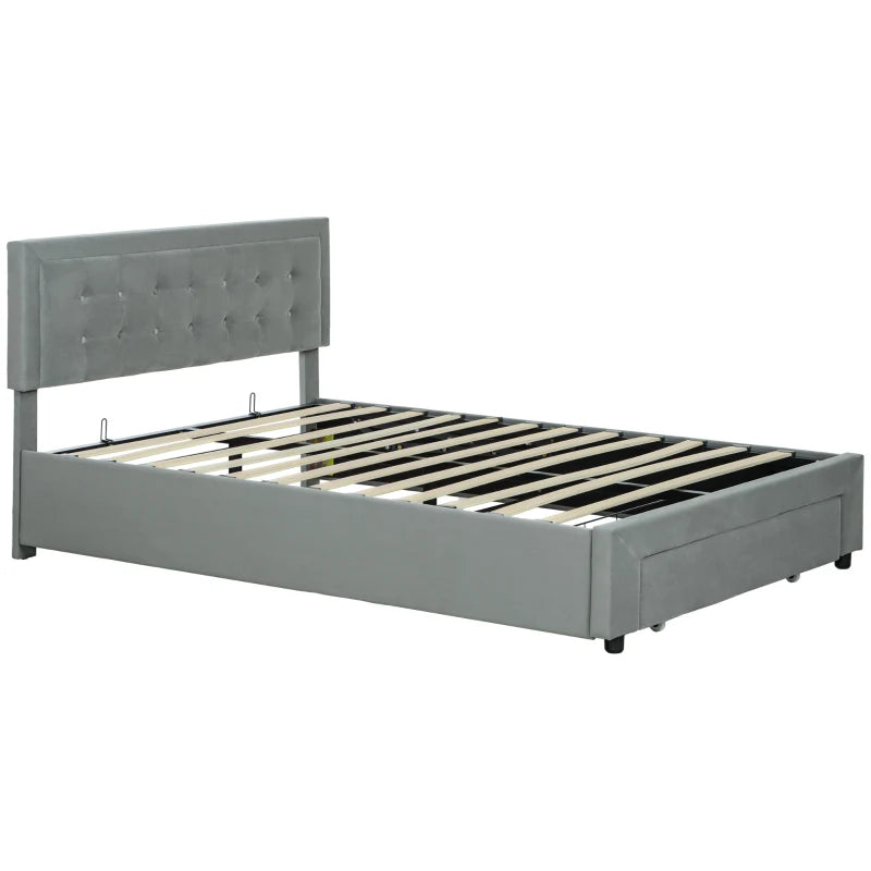 Grey Ottoman Bed Frame Double, 140W x 193.5D x 95H cm, Front Drawer