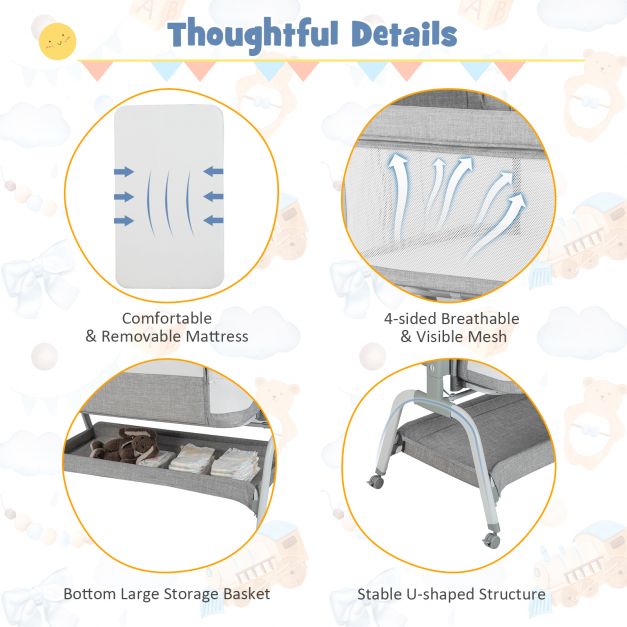 Baby Bassinet with Mesh Netting and 6 Adjustable Heights for Safe Sleeping