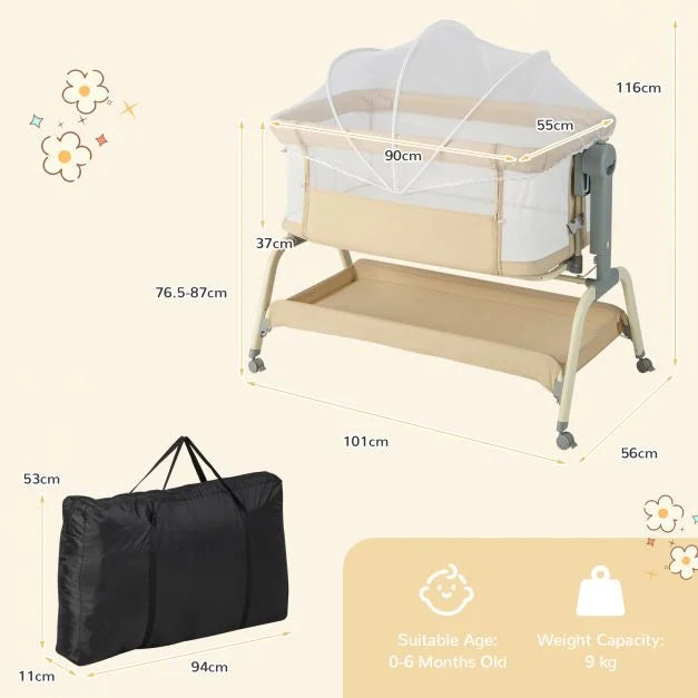 Baby Bassinet with Mesh Netting and 6 Adjustable Heights for Safe Sleeping