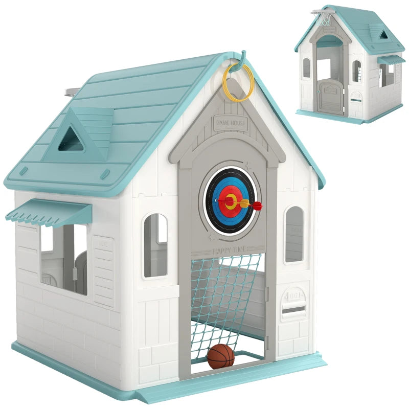 5-in-1 Kids Playhouse with Basketball Hoop, Football Goal, Dartboard & Ring Toss