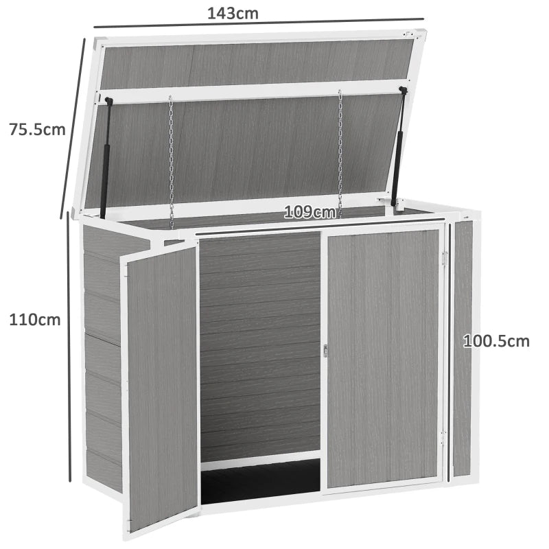 Double Bin Garden Shed with Lockable Doors and Openable Lid for Trash Cans & Tools, 4.7 x 2.5FT