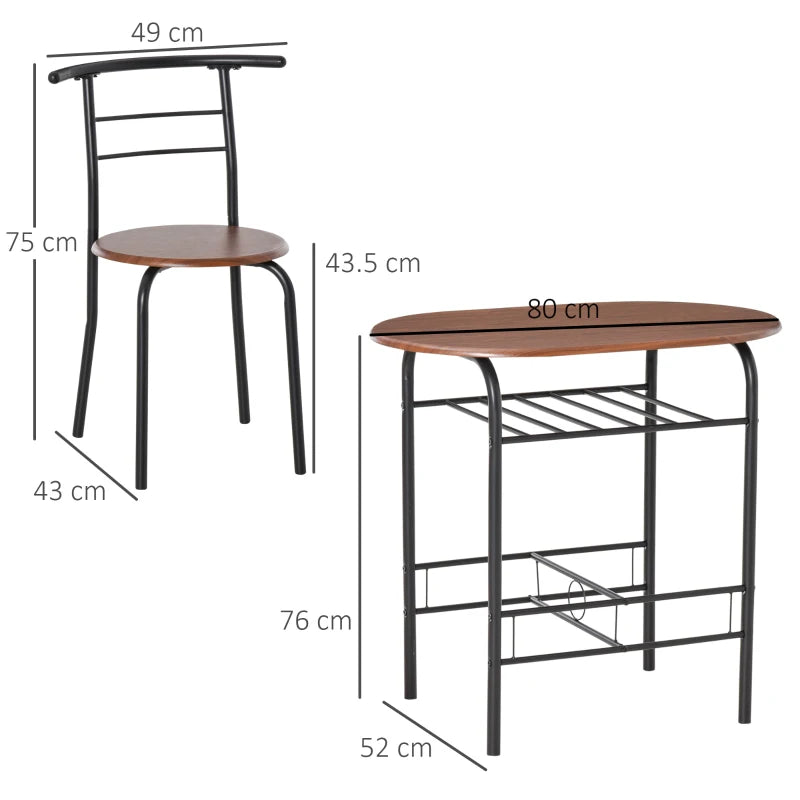 3-Piece Dining Set, Table with Shelf & 2 Chairs, Metal & Wood