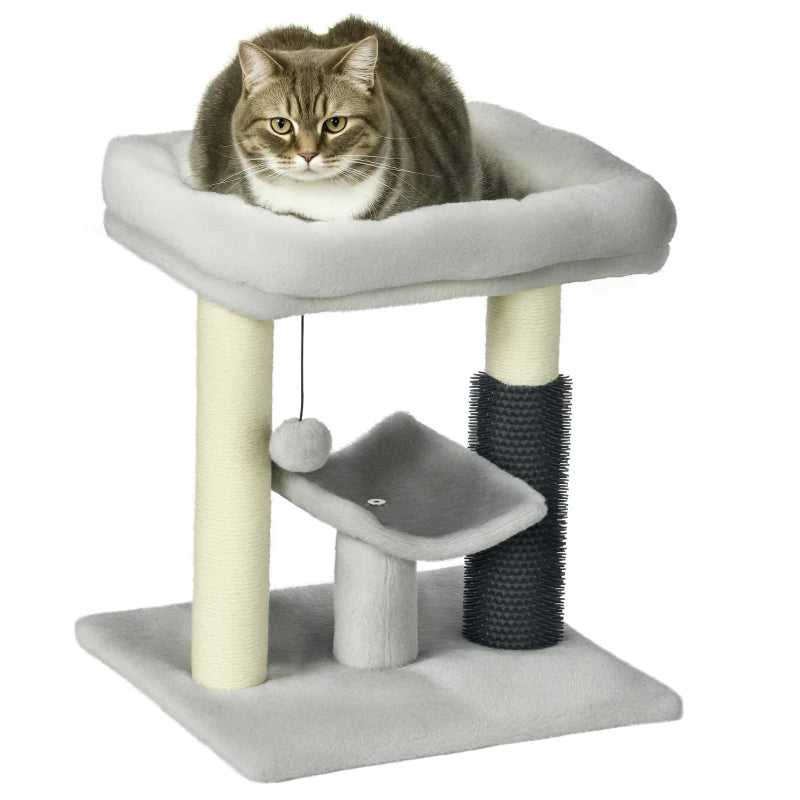 Grey Cat Tree with Perch, Toy & Self-Groomer – 48cm