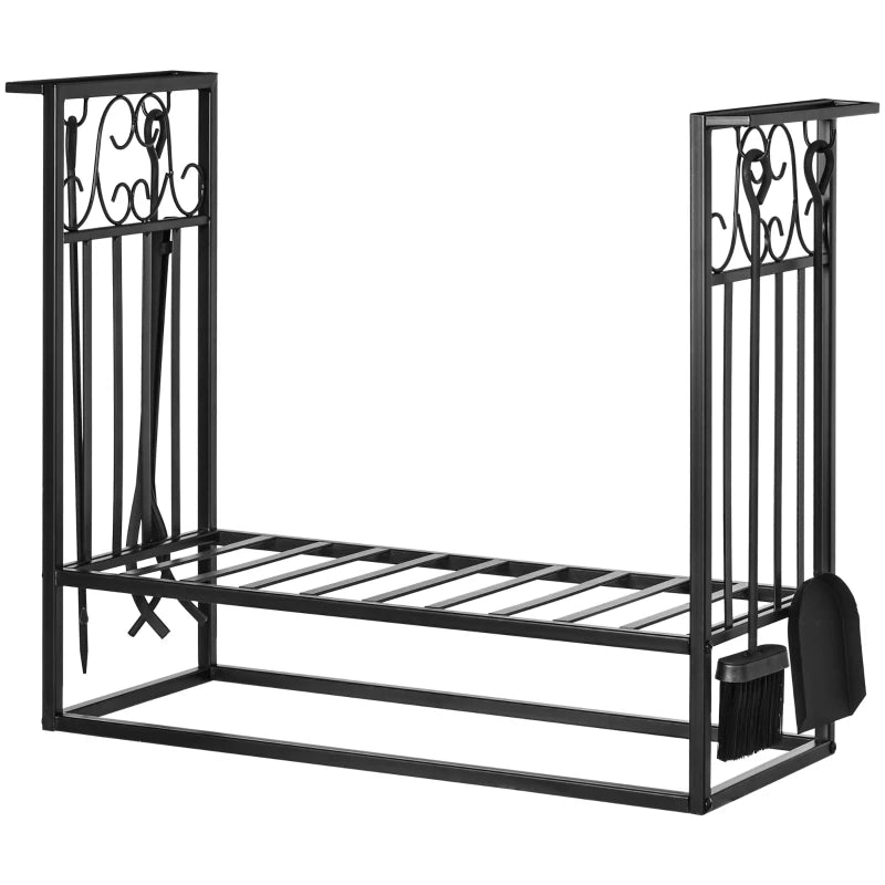 Fireplace Wood Storage Rack with 4 Tools, Steel Log Holder for Indoor and Outdoor Use