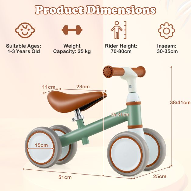 Baby Balance Bike with Height-Adjustable Handle and Seat