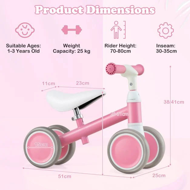 Baby Balance Bike with Height-Adjustable Handle and Seat