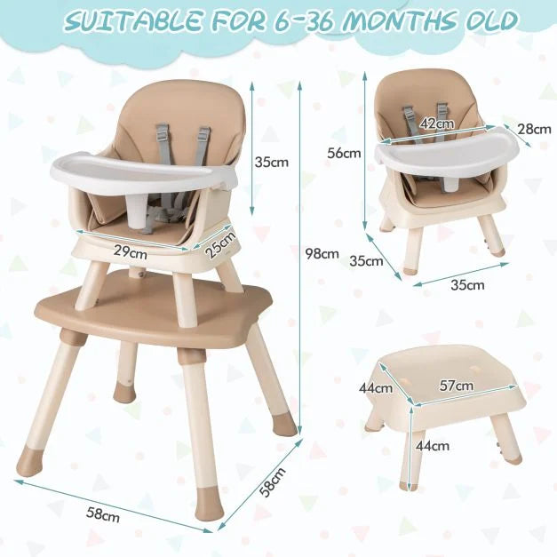 Baby High Chair 6-in-1 with Secure 5-Point Harness and Easy-Clean Removable Tray