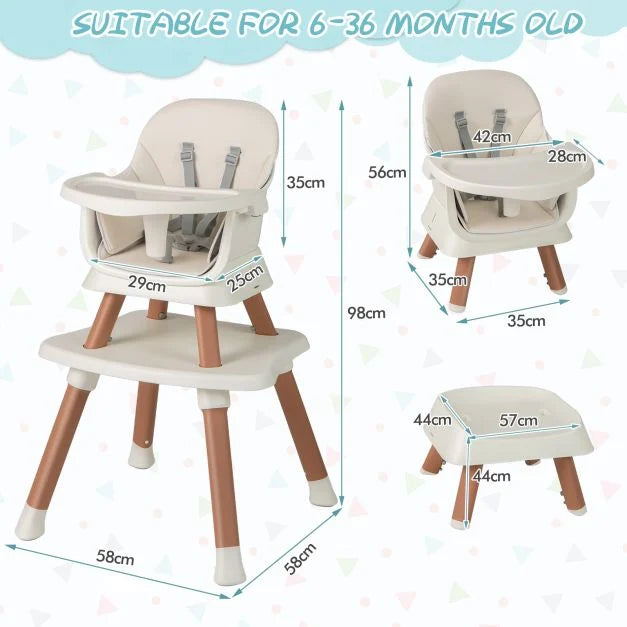 Baby High Chair 6-in-1 with Secure 5-Point Harness and Easy-Clean Removable Tray