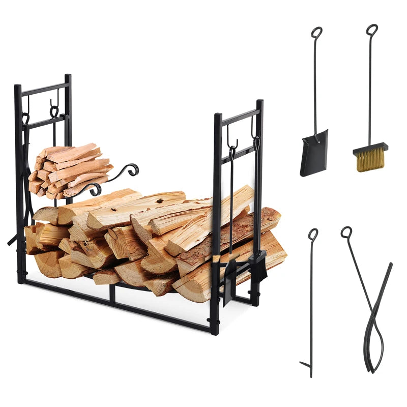 Fireplace Log Holder with Tools and Hooks, 2-Tier Metal Wood Rack, Black, 84x33x76 cm