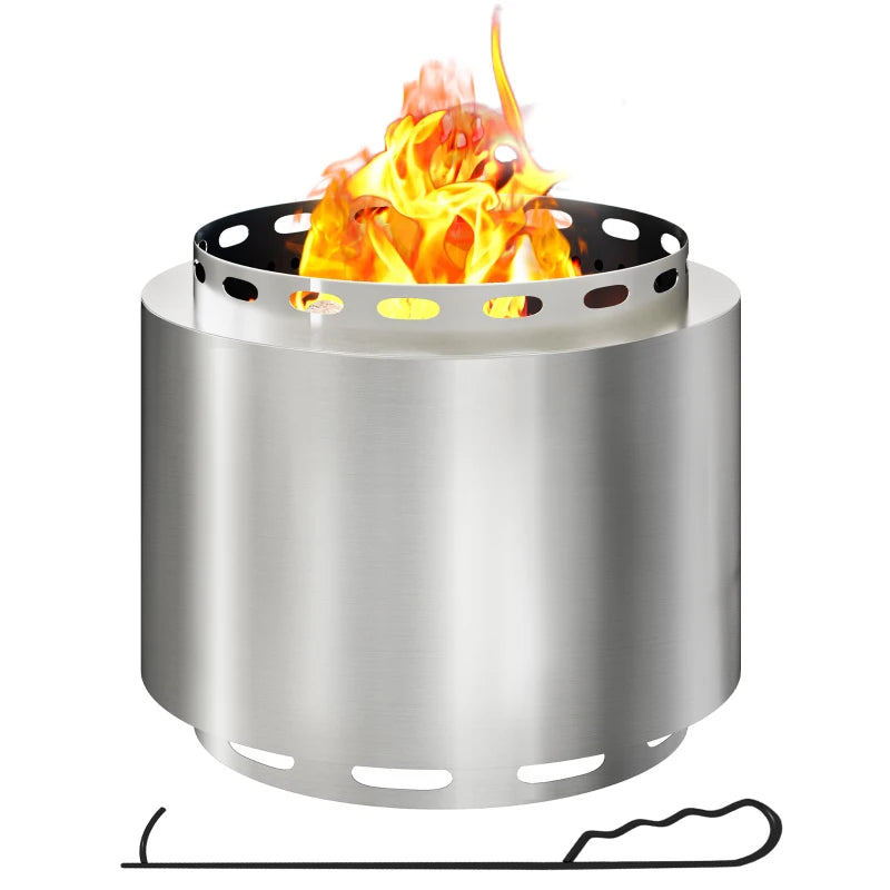 Silver Smokeless Fire Pit 48.5cm Portable Wood Burning with Poker for Outdoor Use
