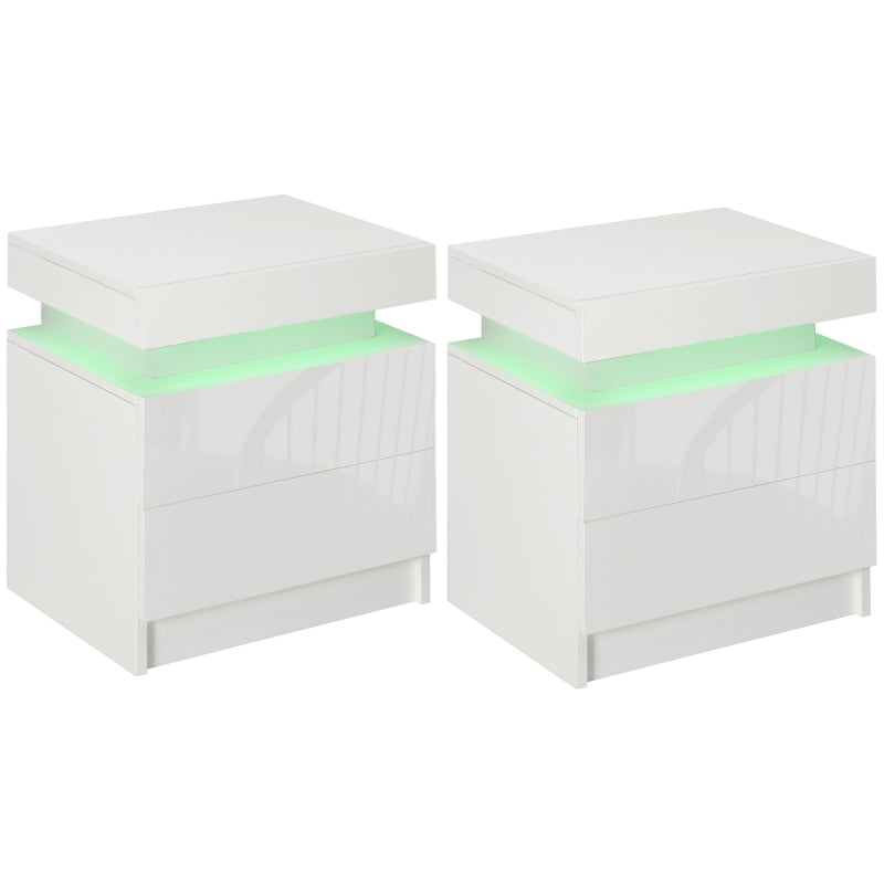 Set of 2 White Nightstands with LED Lights, 4 Drawers – High Gloss Finish