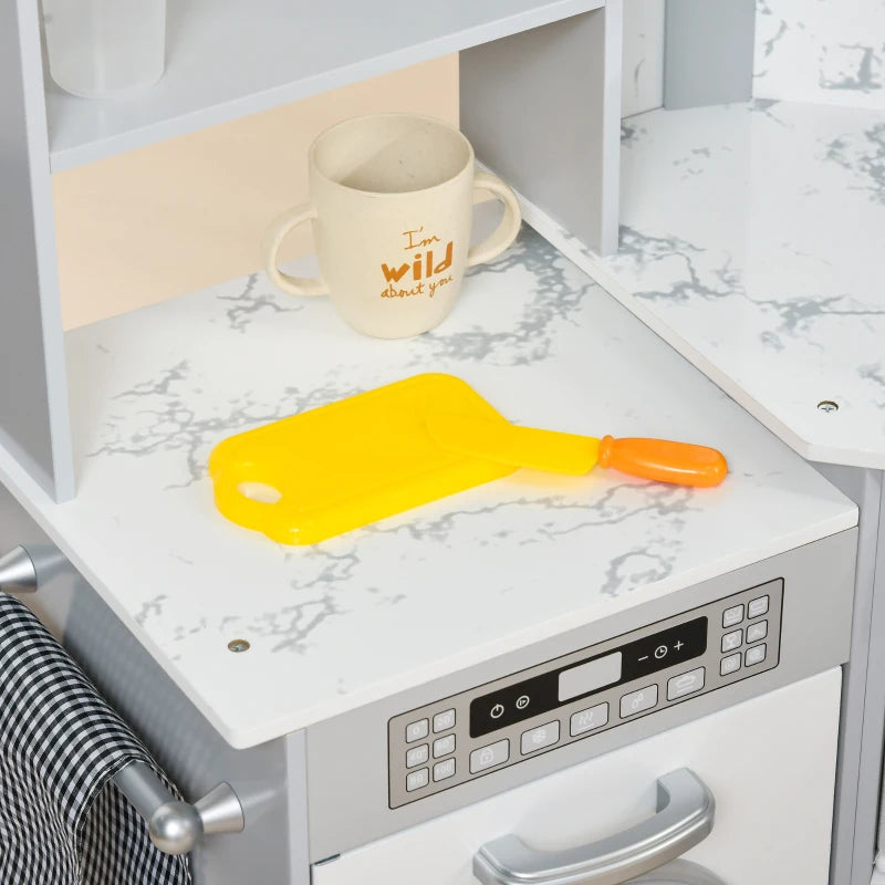 Realistic Play Kitchen Set with Water, Lights, Sounds, Apron & Chef Hat for Ages 3-6