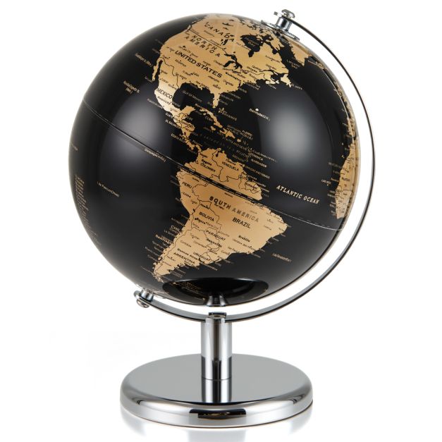 20cm Metallic Black World Globe with Rotating Design and Metal Stand