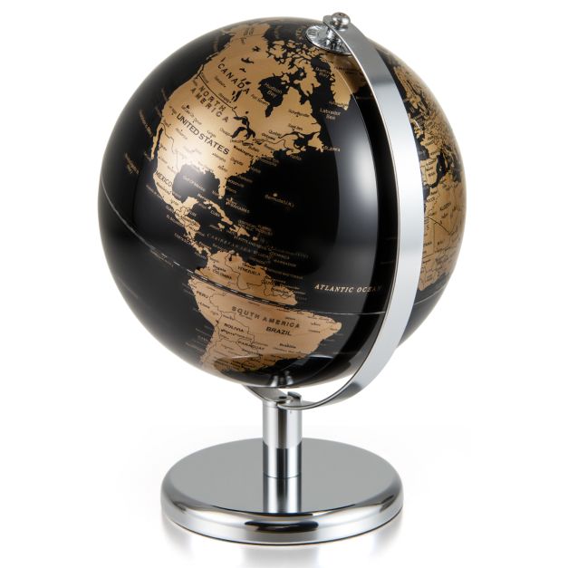20cm Metallic Black World Globe with Rotating Design and Metal Stand