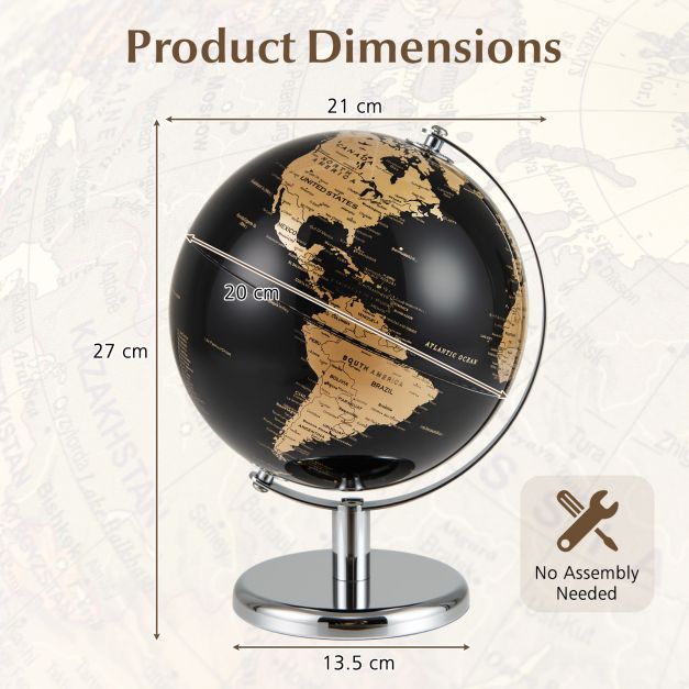 20cm Metallic Black World Globe with Rotating Design and Metal Stand