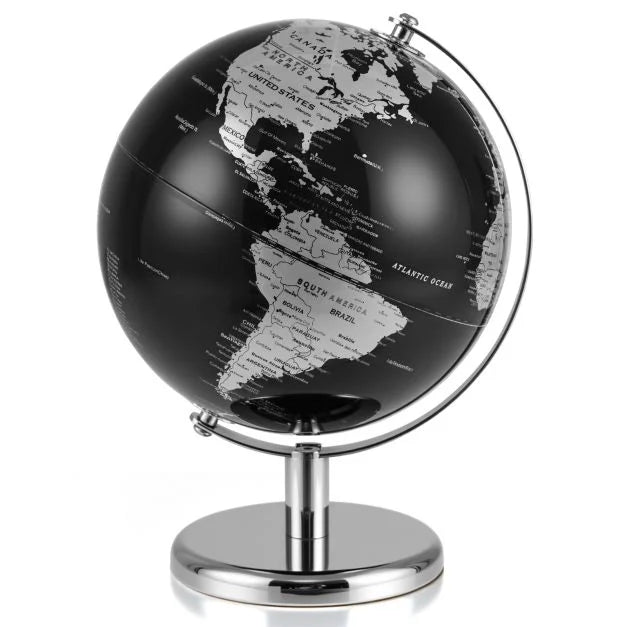 20cm Metallic Black World Globe with Rotating Design and Metal Stand