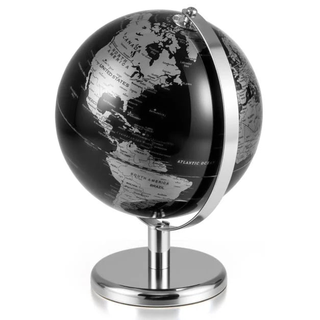 20cm Metallic Black World Globe with Rotating Design and Metal Stand