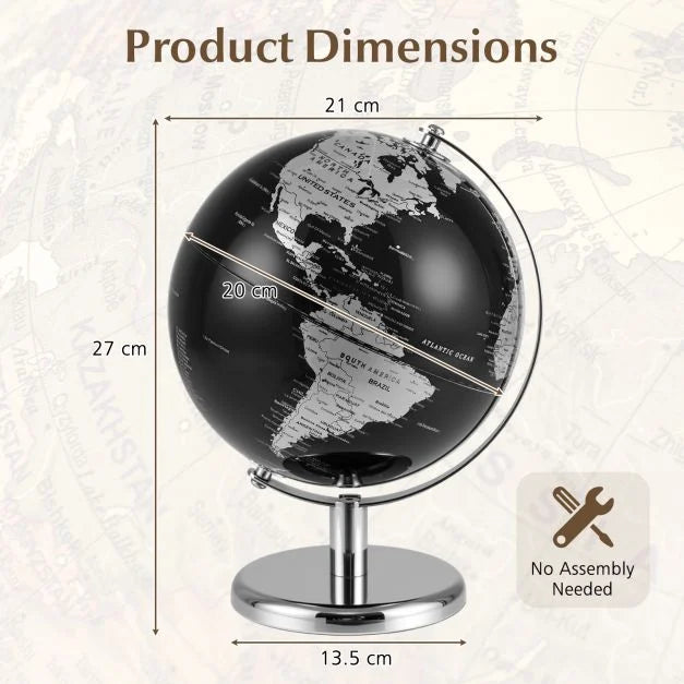 20cm Metallic Black World Globe with Rotating Design and Metal Stand