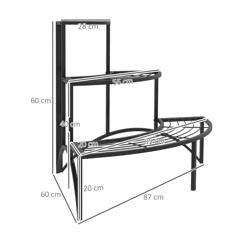 Space-Saving Black Metal Corner Plant Shelf with Three Tiers for Indoor Use