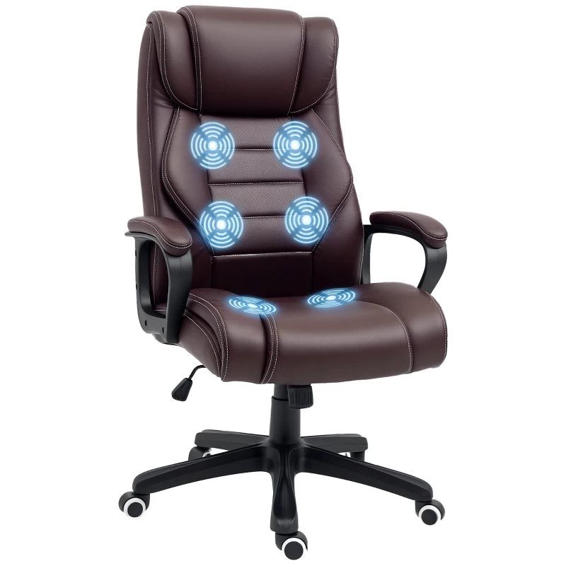 Brown PU Leather Home Office Chair with Massage, Armrests & Tilt Function