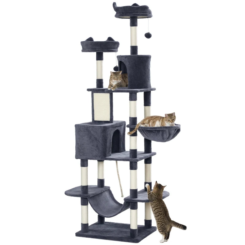 Dark Grey Multi-Level Cat Tree 206cm with Scratching Posts & Toys