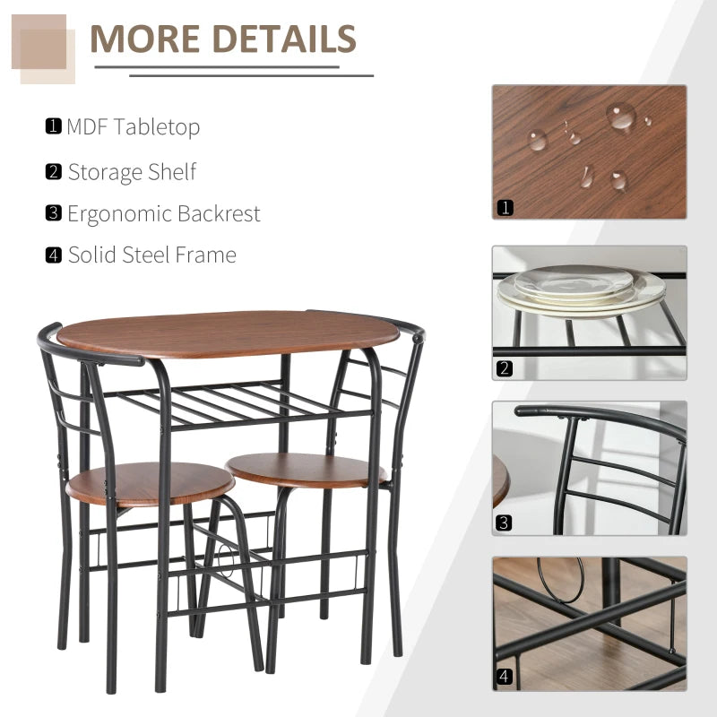 3-Piece Dining Set, Table with Shelf & 2 Chairs, Metal & Wood