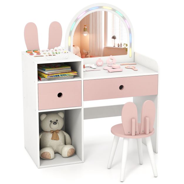 Kids Bunny Vanity Table and Chair Set with Lighted Mirror