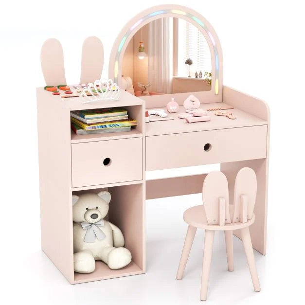 Kids Bunny Vanity Table and Chair Set with Lighted Mirror