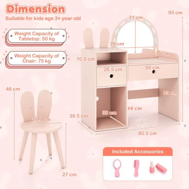 Kids Bunny Vanity Table and Chair Set with Lighted Mirror