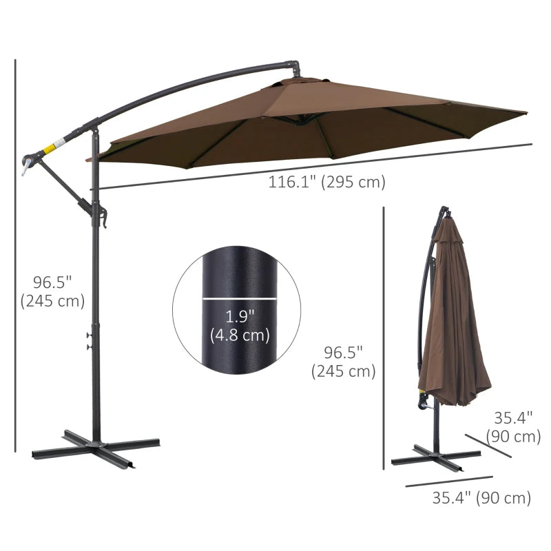 Durable 2.45m cantilever parasol with waterproof fabric, cross base, and brown finish