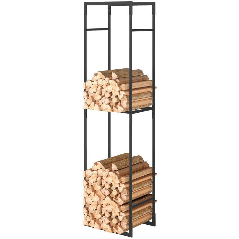 Metal Firewood Log Holder with Adjustable Shelf, Indoor Outdoor Fireplace Storage