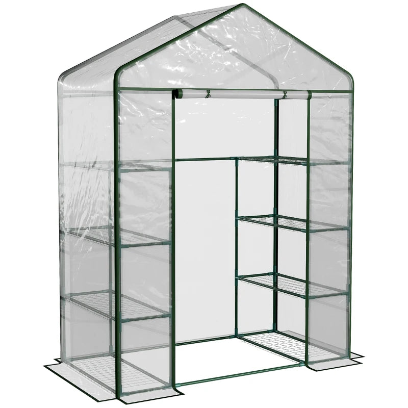 Walk-In Greenhouse with 4-Tier 8 Shelves, Hemmed Cover & Roll-Up Zipped Door, Steel Frame