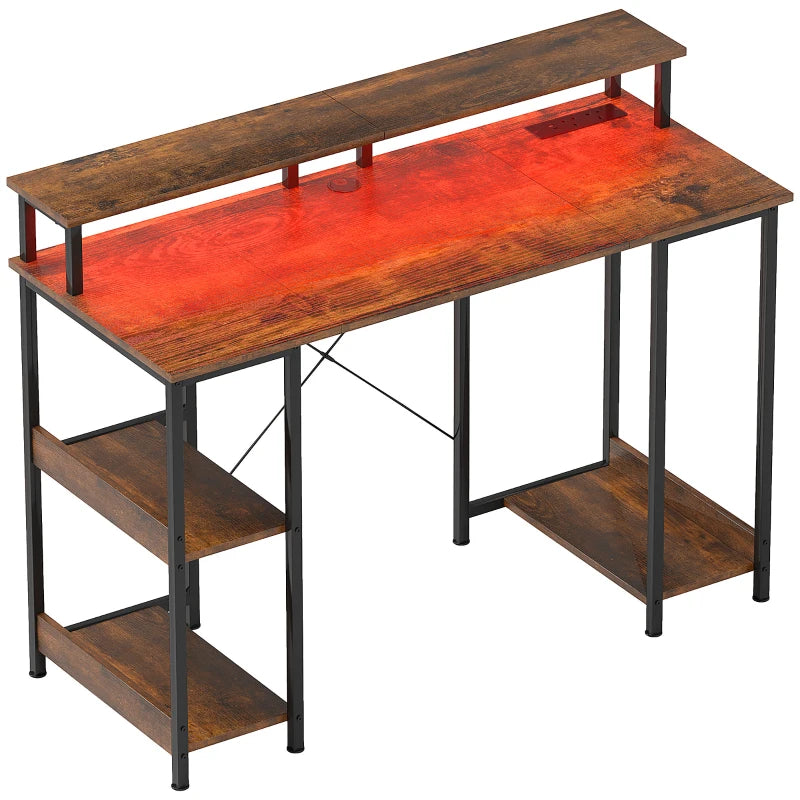 LED Workstation Desk – Rustic Brown with Shelves & Power Ports