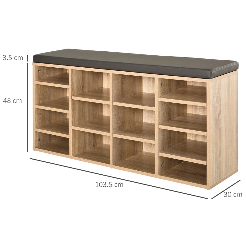 Brown Shoe Rack with Seat, 14 Compartments, Solid Frame, Foot Pads