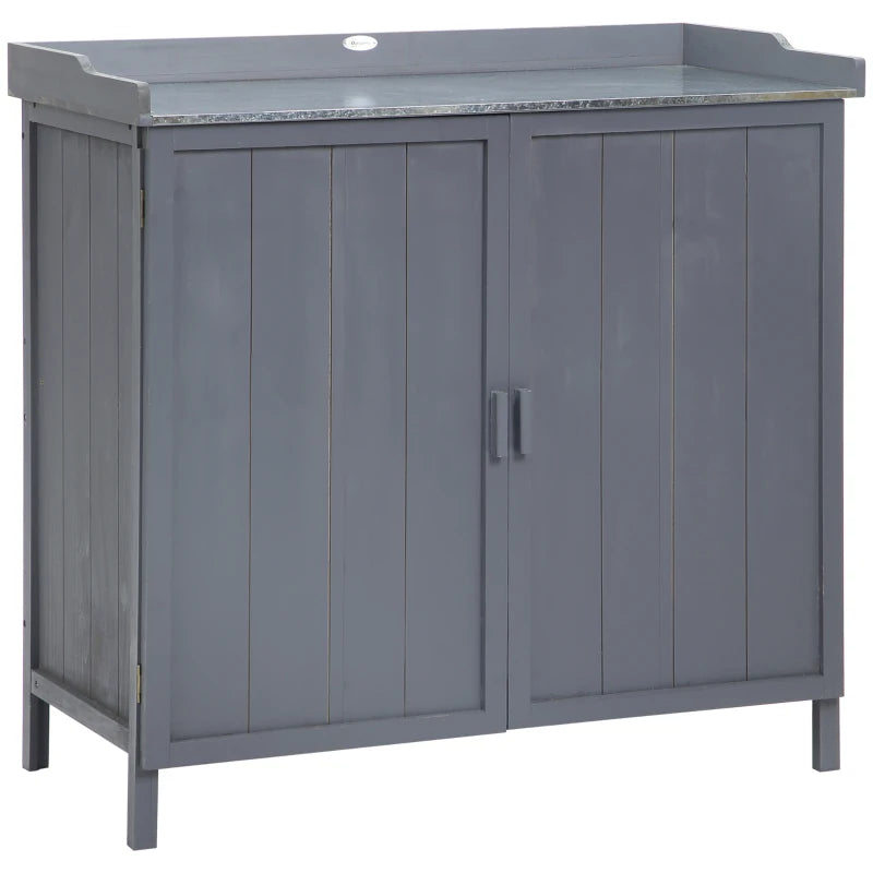 Grey Outdoor Storage Cabinet & Potting Bench with Galvanized Top and Shelves for Tools